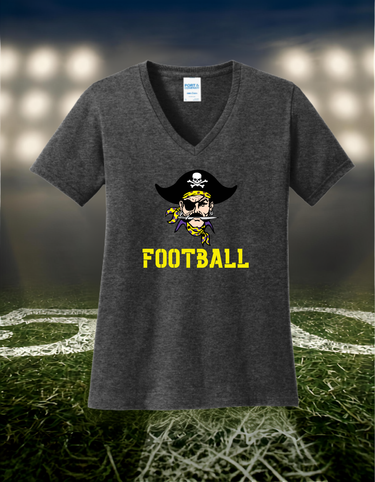 Coos Bay Pirates Logo Football – Women's V-Neck T-Shirt in Gold