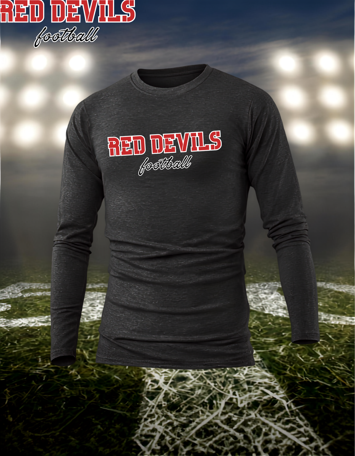 Coquille Red Devils Football Text Logo – driFIT Performance Long Sleeve T-Shirt in Dark Heather Gray