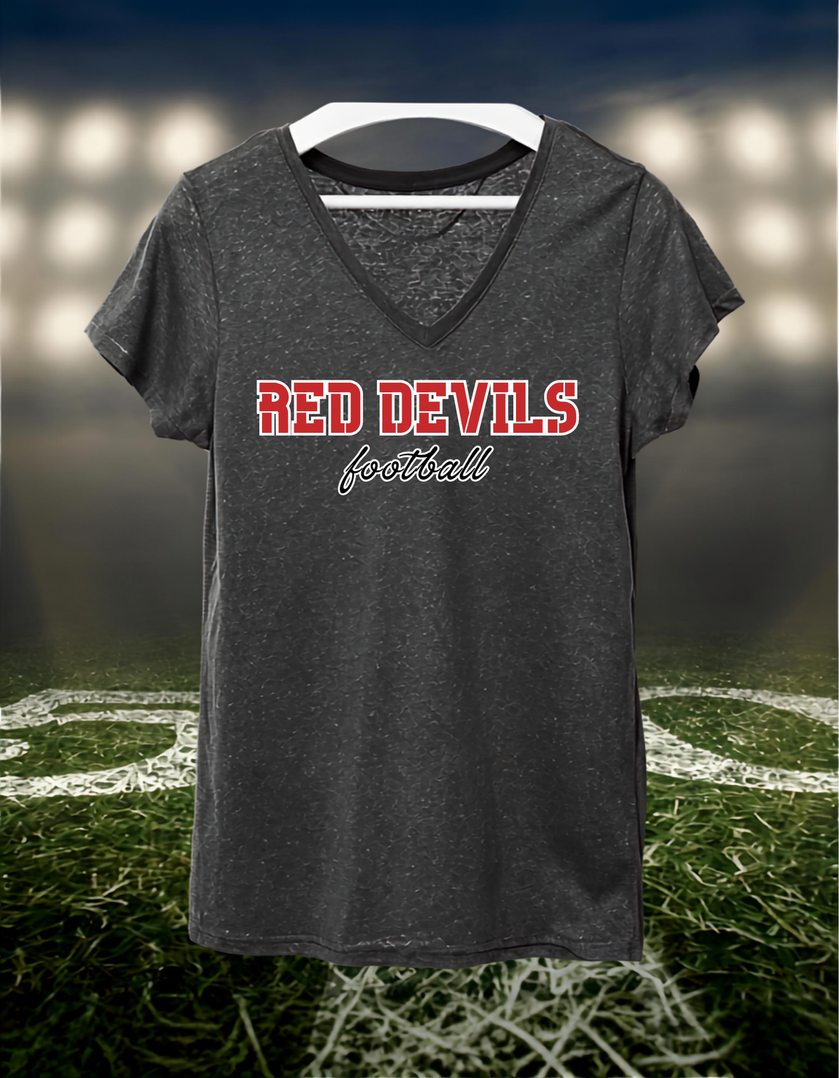 Coquille Red Devils Football Text Logo – Women's V-Neck T-Shirt in Dark Heather Gray