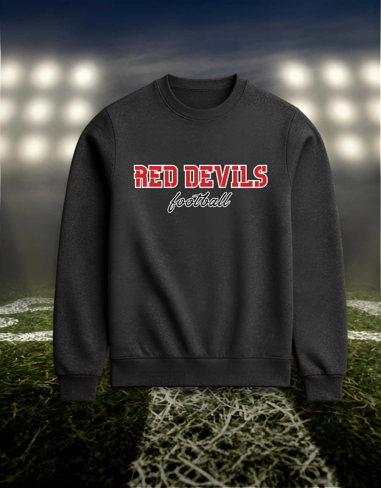 Coquille Red Devils Football Text Logo – Crewneck Sweatshirt in Dark Heather Gray