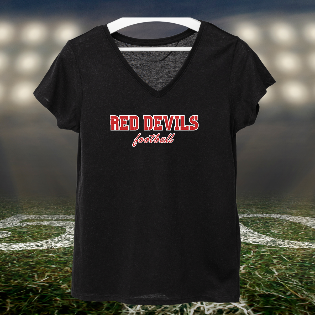 Coquille Red Devils Football Text Logo – Women's V-Neck T-Shirt in Black