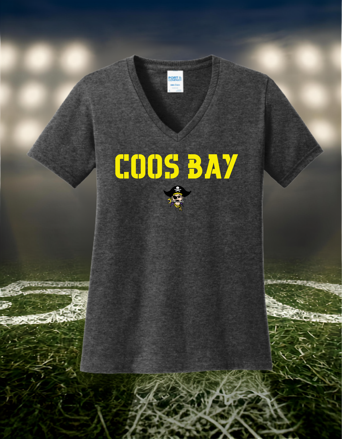 Coos Bay Pirates Town Mascot – Women's V-Neck T-Shirt in Gold