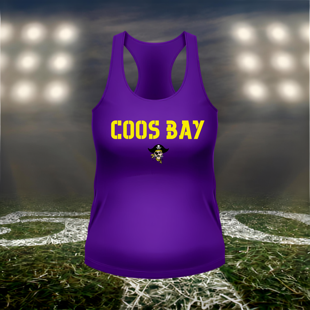 Coos Bay Pirates Town Mascot – Women's Racerback Tank Top in Purple
