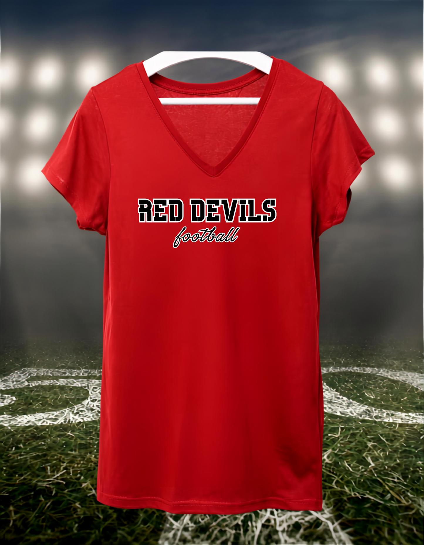 Coquille Red Devils Football Text Logo – Women's V-Neck T-Shirt in Red