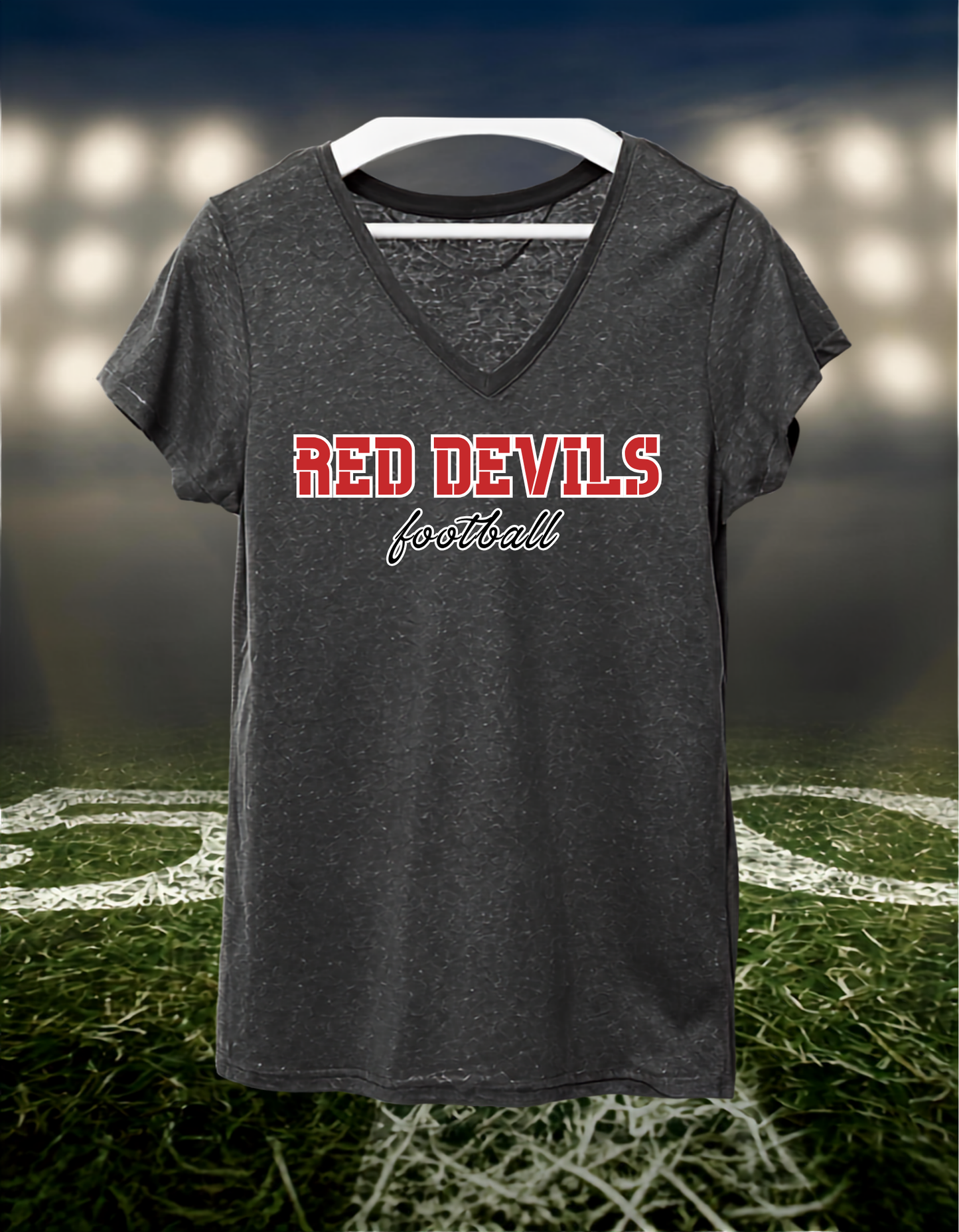 Coquille Red Devils Football Text Logo – Women's V-Neck T-Shirt in Dark Heather Gray