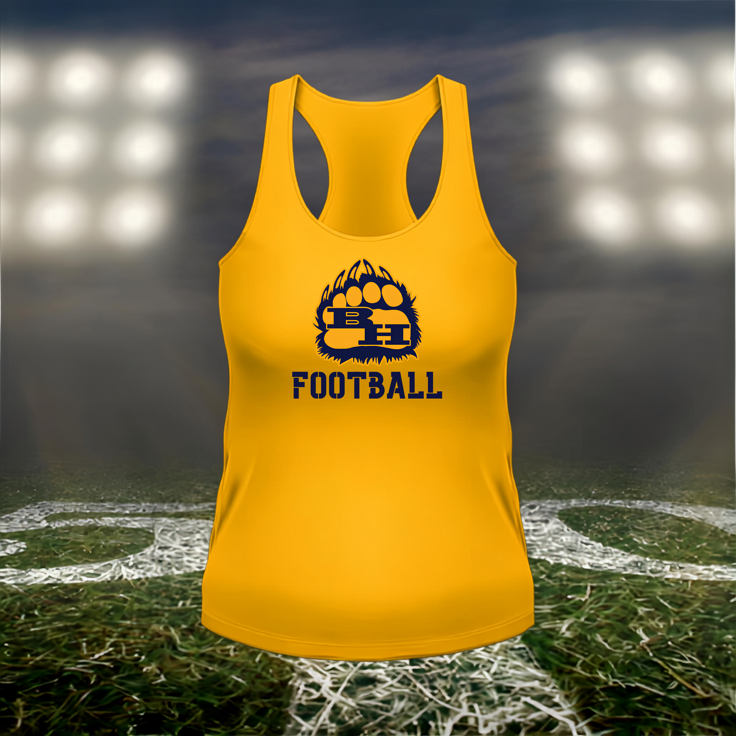 Brookings Bruins Logo Football – Women's Racerback Tank Top in Gold