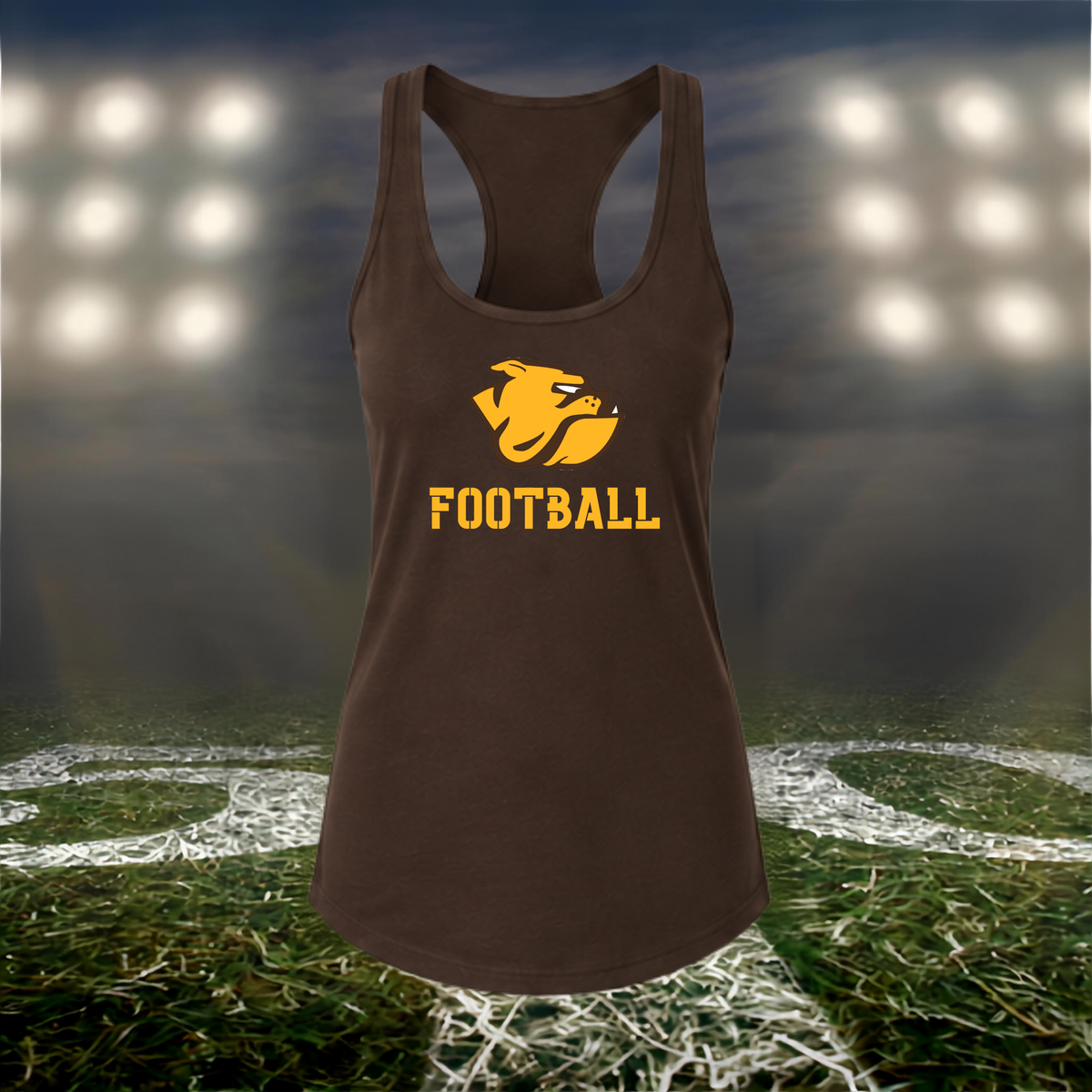 North Bend Bulldogs Logo Football – Women's Racerback Tank Top in Brown
