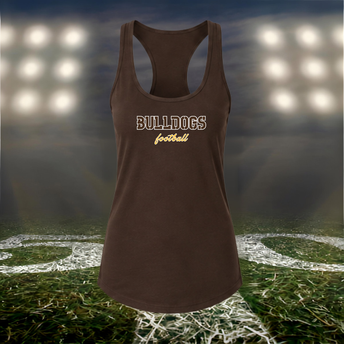 North Bend Bulldogs Football Text Logo – Women's Racerback Tank Top in Brown