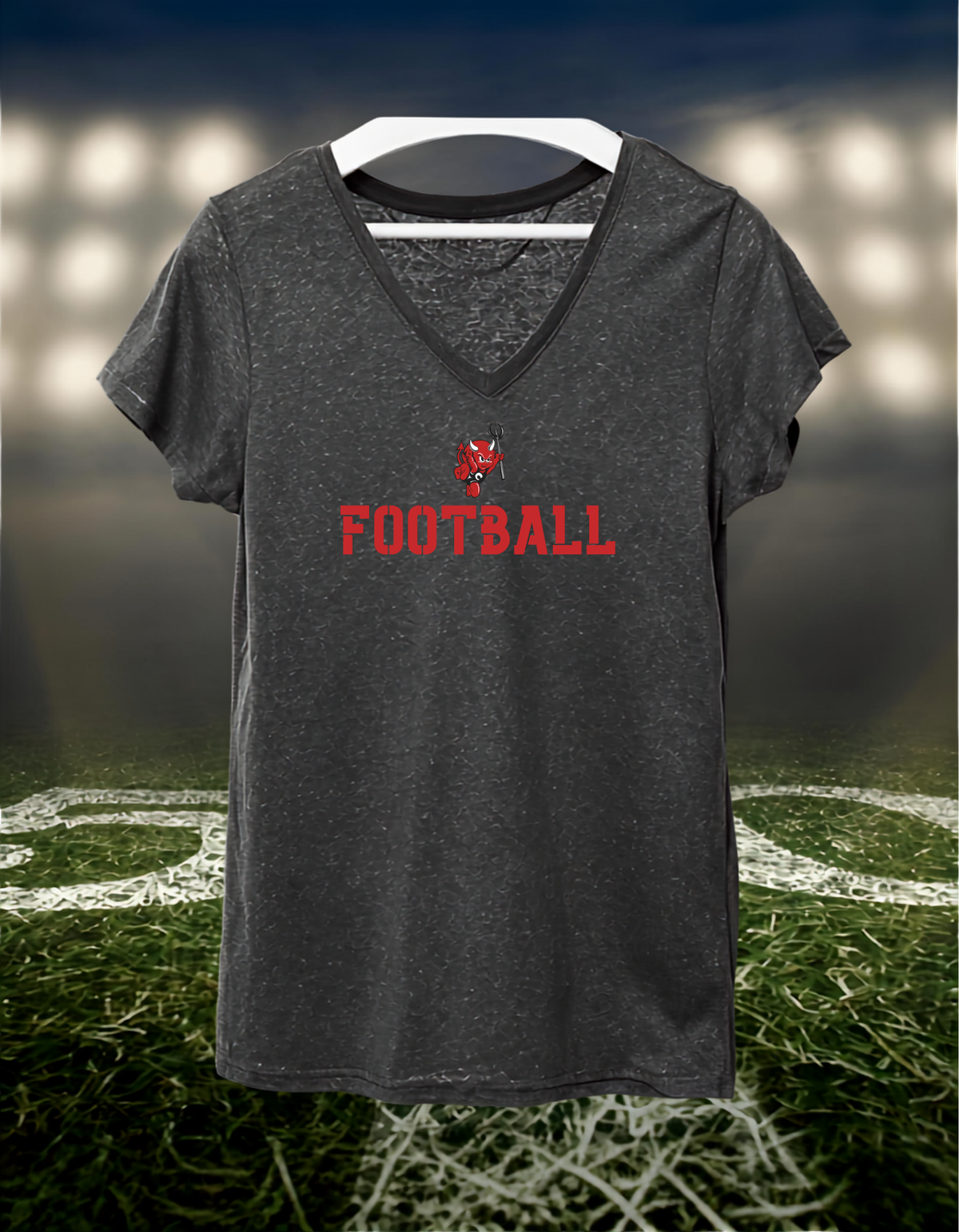 Coquille Red Devils Logo Football – Women's V-Neck T-Shirt in Dark Heather Gray