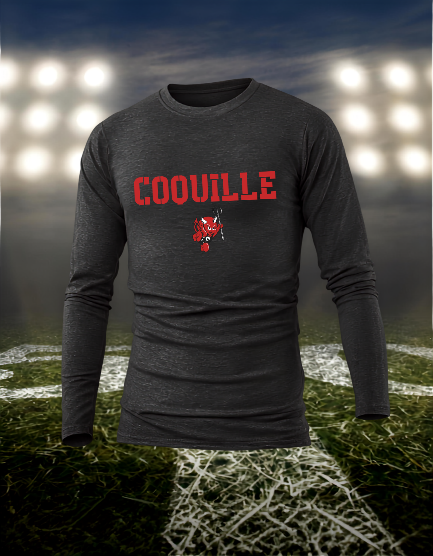 Coquille Red Devils Town Mascot – driFIT Performance Long Sleeve T-Shirt in Dark Heather Gray
