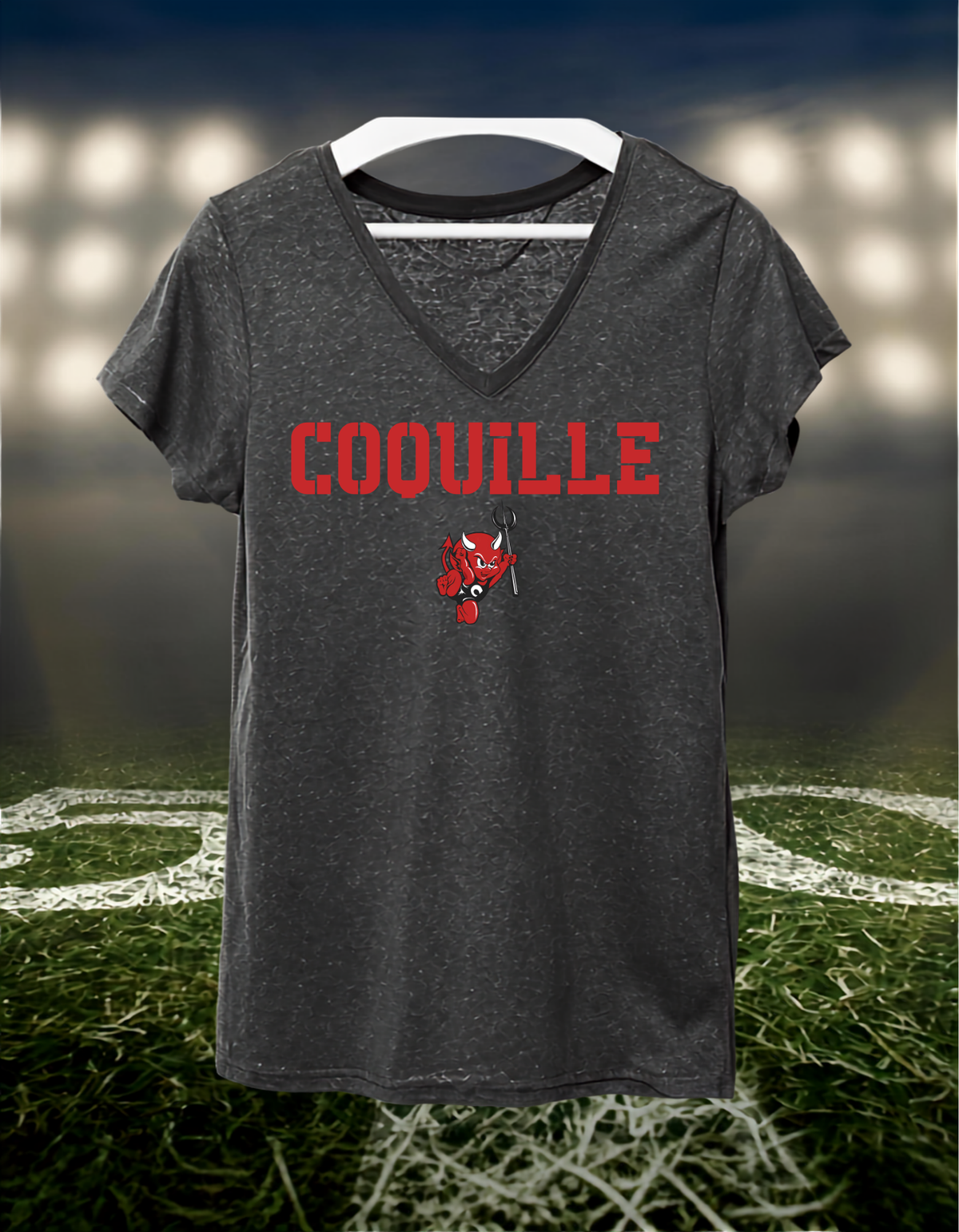 Coquille Red Devils Town Mascot – Women's V-Neck T-Shirt in Dark Heather Gray