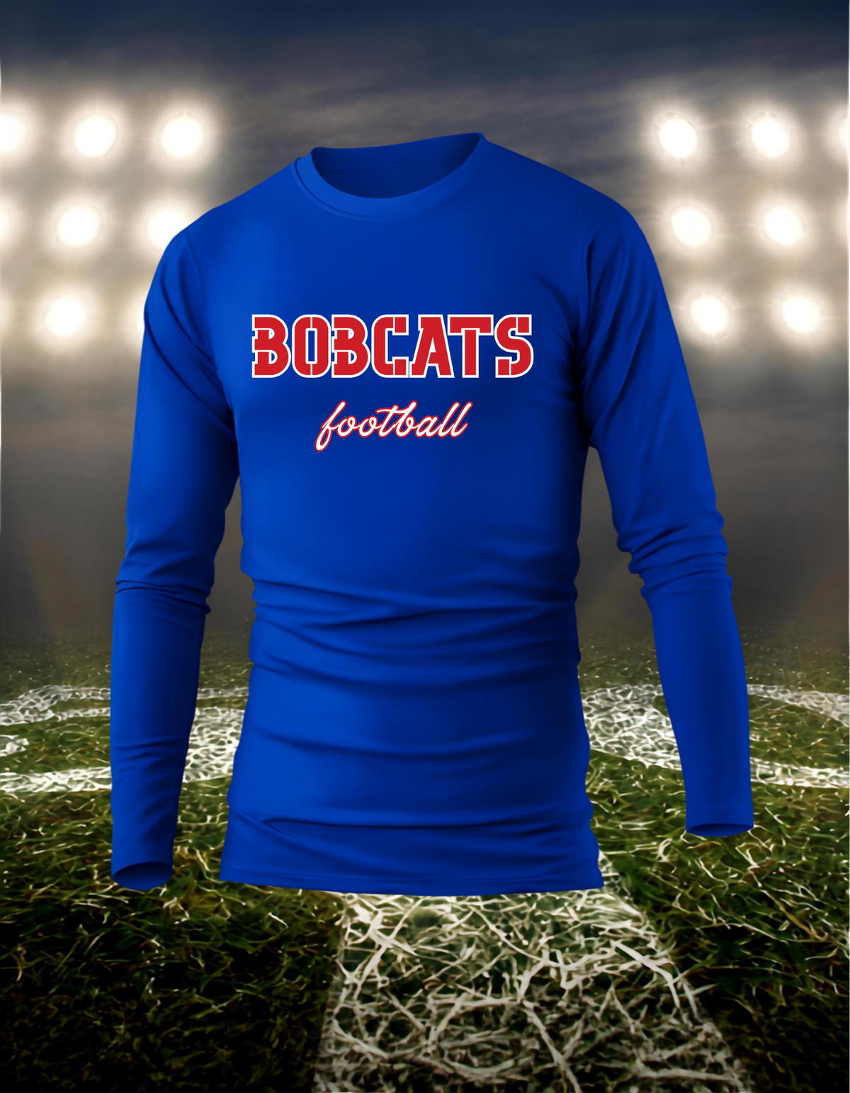 Myrtle Point Bobcats Football Text Logo – driFIT Performance Long Sleeve T-Shirt in Blue