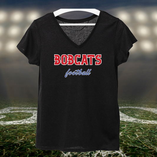 Myrtle Point Bobcats Football Text Logo – Women's V-Neck T-Shirt in Black