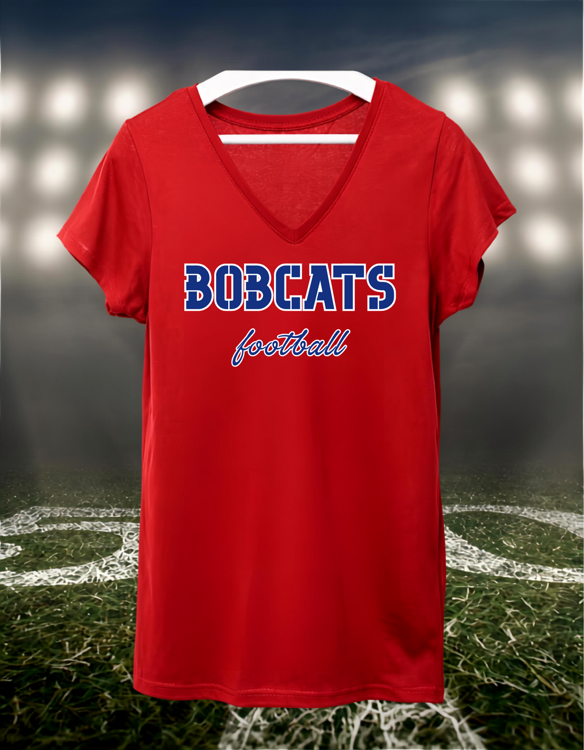 Myrtle Point Bobcats Football Text Logo – Women's V-Neck T-Shirt in Red