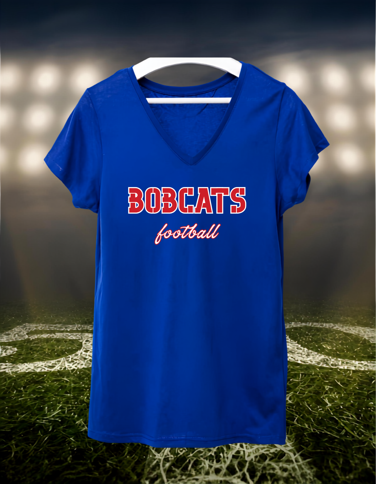 Myrtle Point Bobcats Football Text Logo – Women's V-Neck T-Shirt in Blue