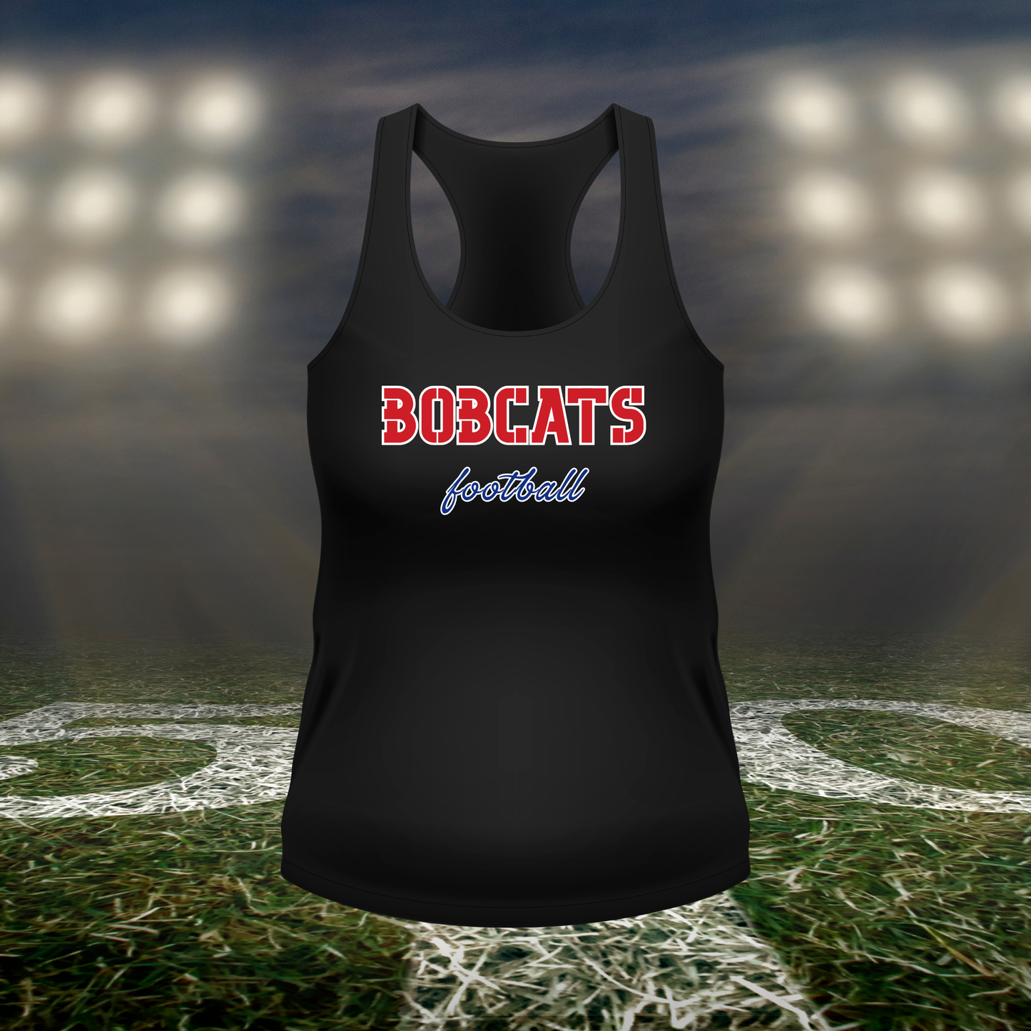 Myrtle Point Bobcats Football Text Logo – Women's Racerback Tank Top in Black